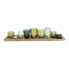 Hello Honey&reg; Glass Votive Candle Holders & Wood Tray Set Green