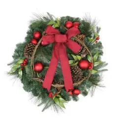 24" Red Ball Ornaments & Pinecones Artificial Pine Wreath
