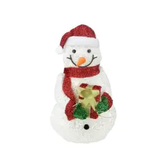 23" Lighted White Plush Glittered Snowman with Tinsel Gift Yard Art