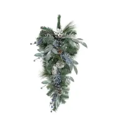 28" Unlit Mixed Pine, Blueberries & Snowy Pine Cones Teardrop Swag