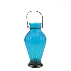 9.5" Frosted Blue Ribbed Vase Glass Bottle Tea Light Candle Lantern