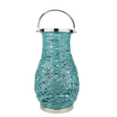 Decorative Woven Iron Pillar Candle Lantern Turquoise Blue