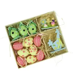 Set of 13 Multicolor Easter Egg, Birdhouse and Rooster Spring Decorations