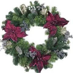 24" Two-Tone Pine with Purple Poinsettias & Berries Wreath