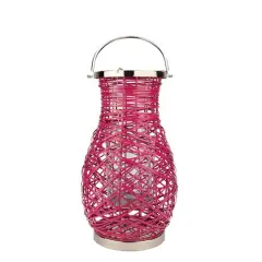Decorative Woven Iron Pillar Candle Lantern Fuchsia