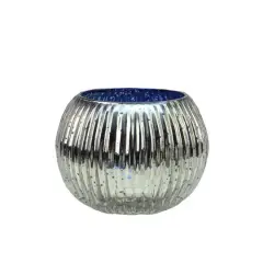 3.25" Blue & Silver Ribbed Round Mercury Glass Votive Candle Holders, Set Of 4