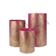 Decorative Floral Cut-Out Pillar Candle Lantern Set Fuchsia