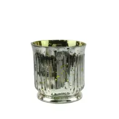 3.25" Lime Green & Silver Ribbed Mercury Glass Votive Candle Holders, Set Of 4