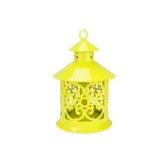 8" Shiny Candle Holder Lantern with Star & Scroll Cutouts Yellow