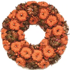 15" Autumn Harvest Decorative Orange and Brown Woven Corn Leaf Pumpkins Artificial Wreath