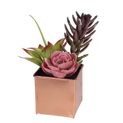7" Pink & Purple Artificial Succulent Arrangement in Square Tin Pot