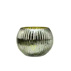 3.25" Lime Green & Silver Ribbed Round Mercury Glass Votive Candle Holders, Set Of 4