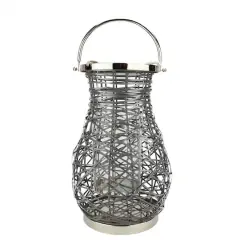 Decorative Woven Iron Pillar Candle Lantern Gray