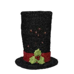 9" Lighted Black Tinsel Snowman Top Hat Christmas Tree Topper, Clear Lights
