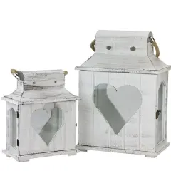 White Washed Wooden Candle Holder Lantern Set, 13" & 17.75"