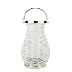 Decorative Woven Iron Pillar Candle Lantern White