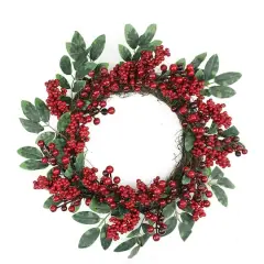 18" Red Berries & Two-Tone Green Leaves Artificial Wreath, Unlit