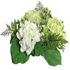 16" Cream White & Green Artificial Hydrangea & Berry Hurricane Glass Candle Holder