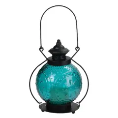 Ocean Blue Molded Glass Lantern with LED Pillar Timer Candle