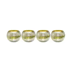 3.25" Yellow & Silver Ribbed Round Mercury Glass Votive Candle Holders, Set Of 4