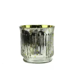3.25" Yellow & Silver Ribbed Mercury Glass Votive Candle Holders, Set Of 4