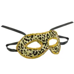 7" Gold and Black Big Cat Animal Print Halloween Mask with Sequins and Glitter