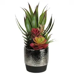 15" Artificial Succulents & Agave in Silver Ceramic Pot