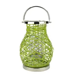 Decorative Woven Iron Pillar Candle Lantern Green