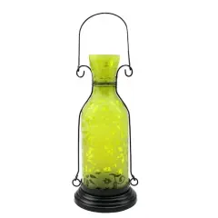 12" Glass Bottle Tea Light Candle Lantern with Flower Etching, Yellow