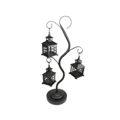 27.25" Black Mission Style Tea Light Holder Tree with 3 Lanterns