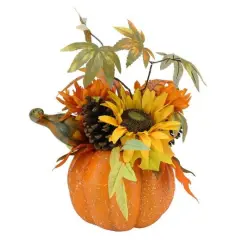 10" Autumn Harvest Pumpkin with Sunflowers, Mums & Pine Cones D&eacute;cor