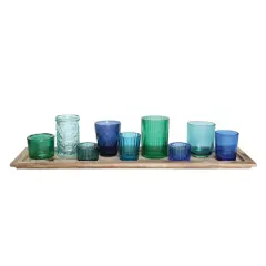 Hello Honey&reg; Glass Votive Candle Holders & Wood Tray Set Green and Blue