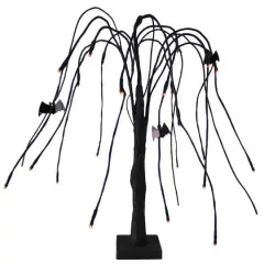 24" Pre-Lit Black Glitter Cascading Willow Artificial Halloween Tree with Bats, Orange LED Lights