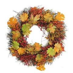 22" Unlit Autumn Harvest Artificial Maple Leaf & Berry Thanksgiving Wreath