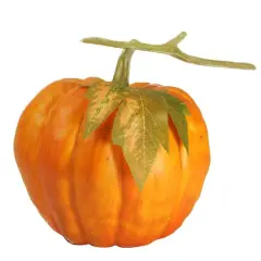 Thanksgiving Fall Harvest Bright Orange Artificial Pumpkin with Leaf Decoration