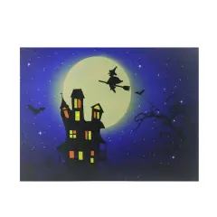 LED Lighted Witch in the Moon Halloween Canvas Wall Art