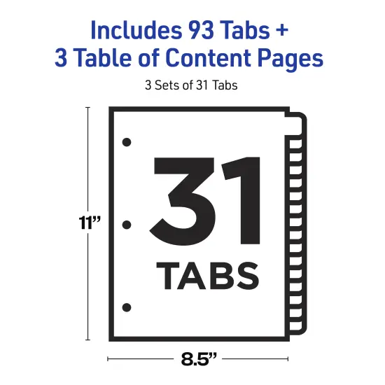 Avery 1-31 Dividers for 3 Ring Binders, 31 Tabs per Set, Customizable Table of Contents, Multicolor Tabs (3 Sets of 44129) {4}