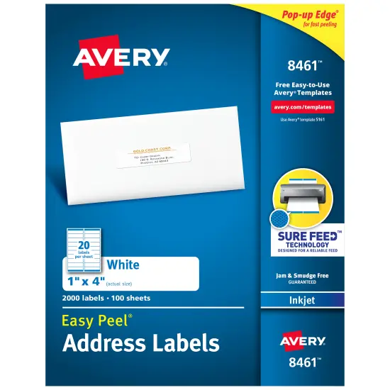 Avery Easy Peel Address Labels, Sure Feed Technology, Permanent Adhesive, 1" x 4", 2,000 Labels (8461) {1}