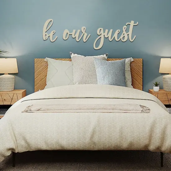 Unfinished Wooden Cursive "Be Our Guest" Sign {5}