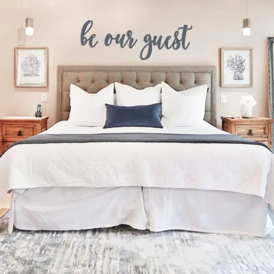 Unfinished Wooden Cursive "Be Our Guest" Sign {3}