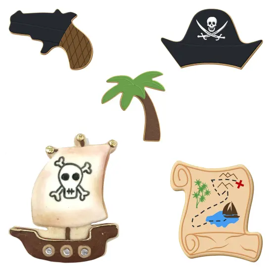 CookieCutter.com 5 Piece Birthday Pirate Cookie Cutter Set Pirate Ship, Pirate Hat, Pistol, Palm Tree, Scroll Letter, Metal Shapes Made in USA, Silver {2}