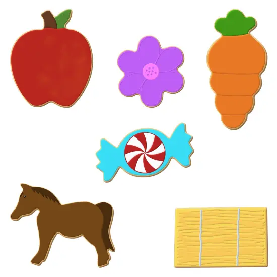 CookieCutter.com 6 Piece Hors D'Oeuvres Cookie Cutter Set Horse, Hay Bale Rectangle, Easter Carrot, Apple with Leaf, Candy Wrapper Party Cracker, Scallop Flower, Metal Shapes Made in USA, Silver {2}