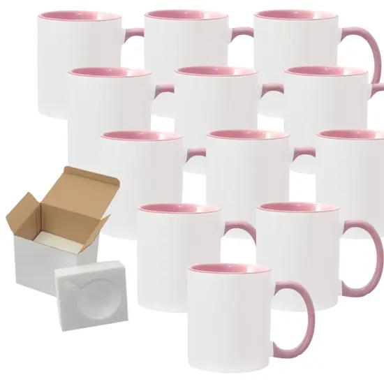 12 Pcs 11OZ Pink Inside & Handle Sublimation Mugs With Foam Support Boxes {1}