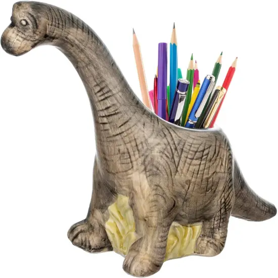 Dinosaur Pencil Holder 9.5" x 7.5" x 3" Ceramic Dinosaur Desk Office Accessory {1}