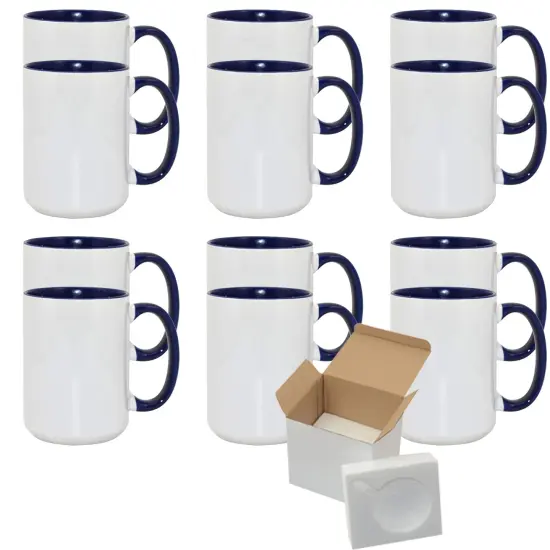 12 Pcs 15OZ El Grande Dark Blue Inside & Handle Sublimation Mugs With Foam Support Boxes {1}