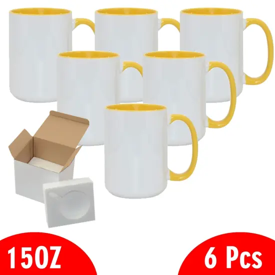 6 Pcs 15OZ El Grande Yellow Inside & Handle Sublimation Mugs With Foam Support Boxes {2}