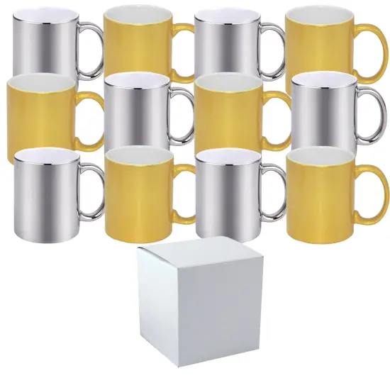 12 Pack 11 oz. METALLIC SILVER & GOLD Mixed outer & Handle- Ceramic Sublimation Mugs - Professional Grade - With Individual White Gift Boxes {1}
