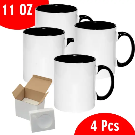 4 Pcs 11OZ Black Inner & Handle Sublimation Mugs With Foam Support Boxes {2}