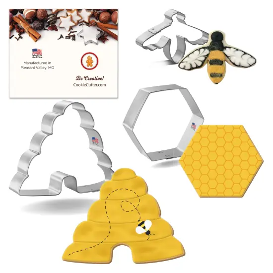 CookieCutter.com 3 Piece Summer Bee Hive Cookie Cutter Set Bee Hive, Mini Bumble Bee, Honey Comb Hexagon, Metal Shapes Made in USA, Silver {1}