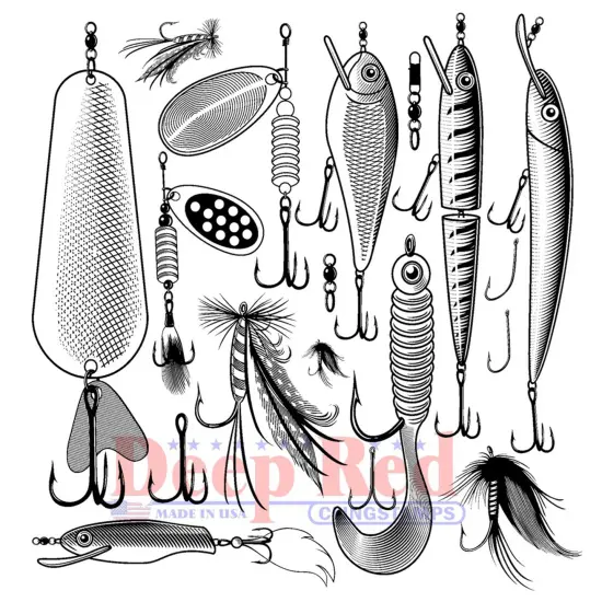 Deep Red Stamps Fishing Lures Background Rubber Cling Stamp 3 x 3 inches {1}
